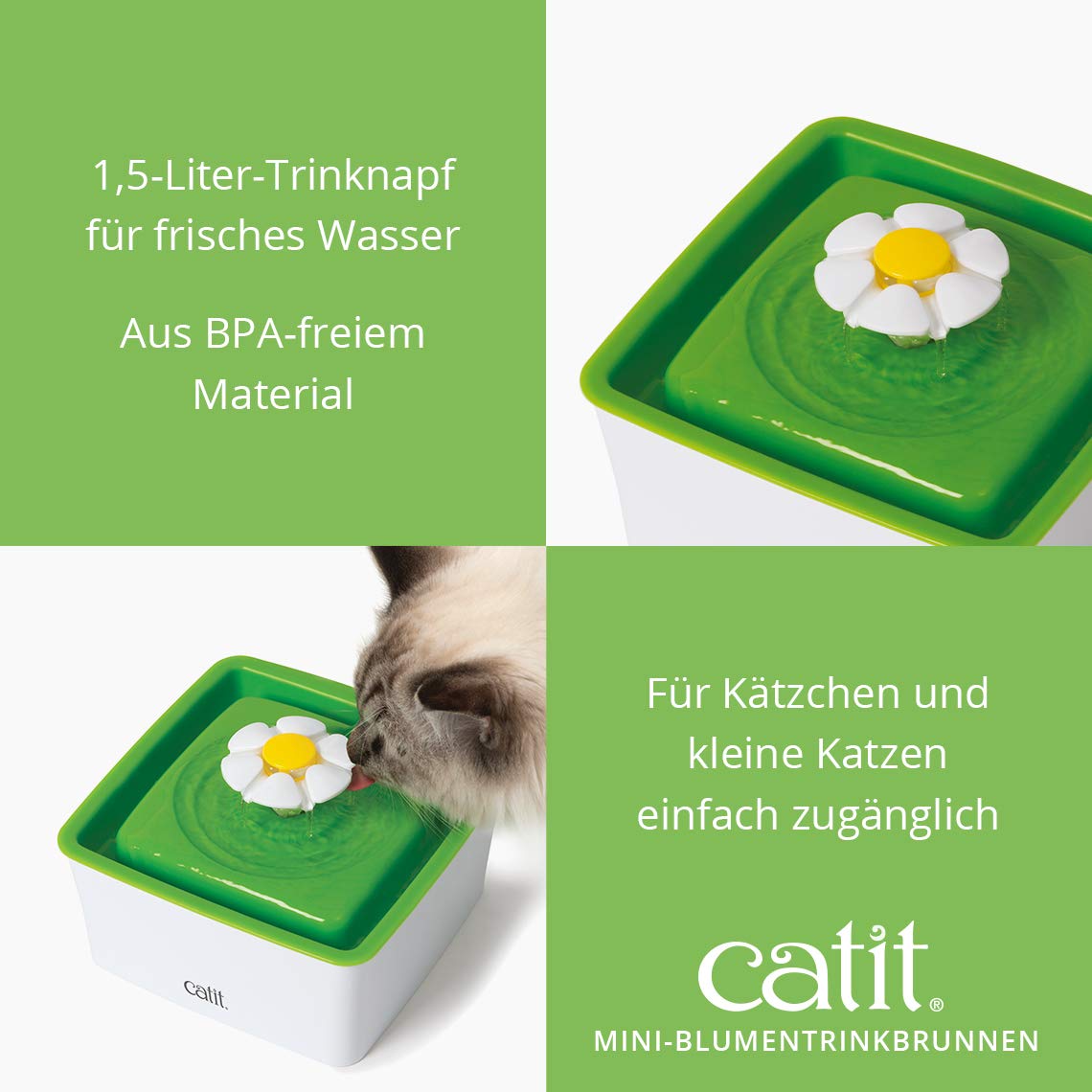 catit-flower-fountain-mini-blumentrinkbrunnen-f-r-katzen-1-5l-wei-gr-n image 2