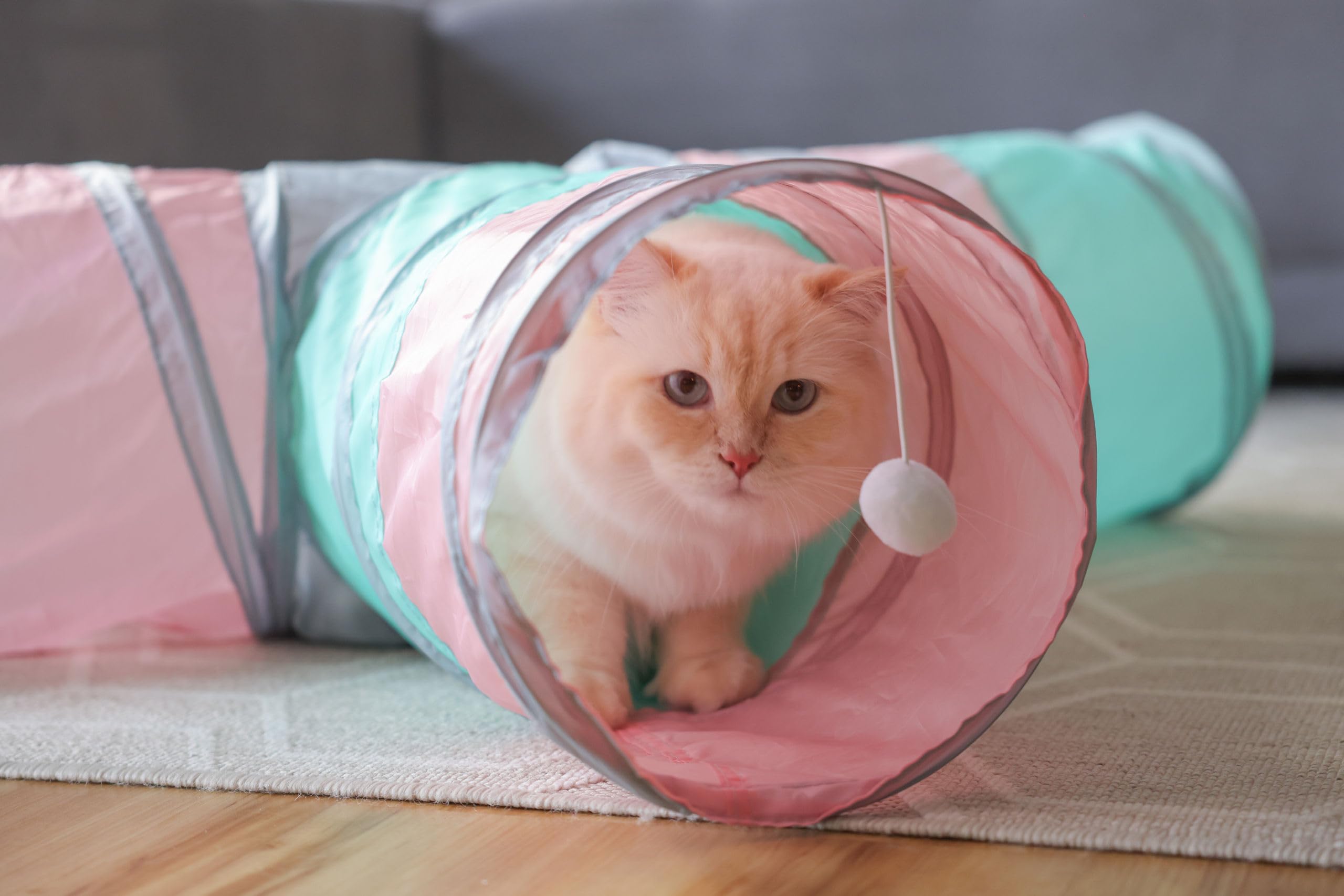 kerbl-pet-katzentunnel-triangle-t-rkis-rosa-grau-80x50-cm-25-cm-mit-spielball image 2