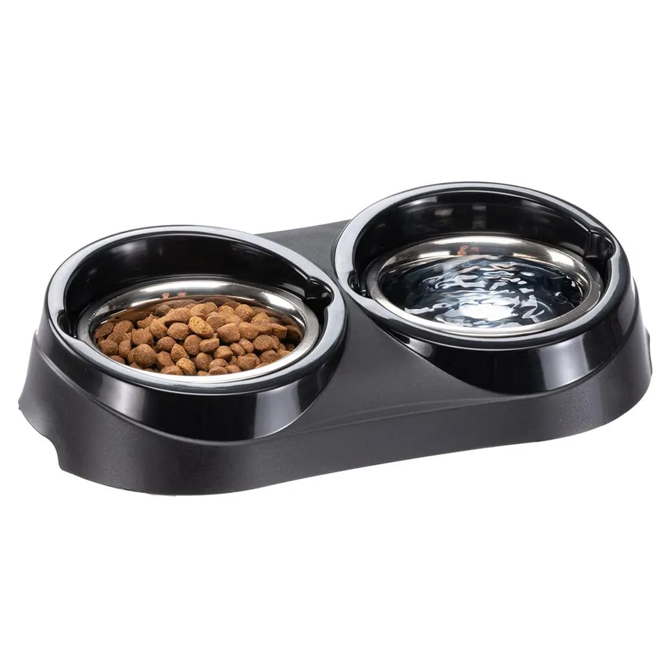 ferplast-duo-feed-doppelnapf-mit-2-edelstahlschalen-1-liter-grau-38-5x20x9-cm image 1